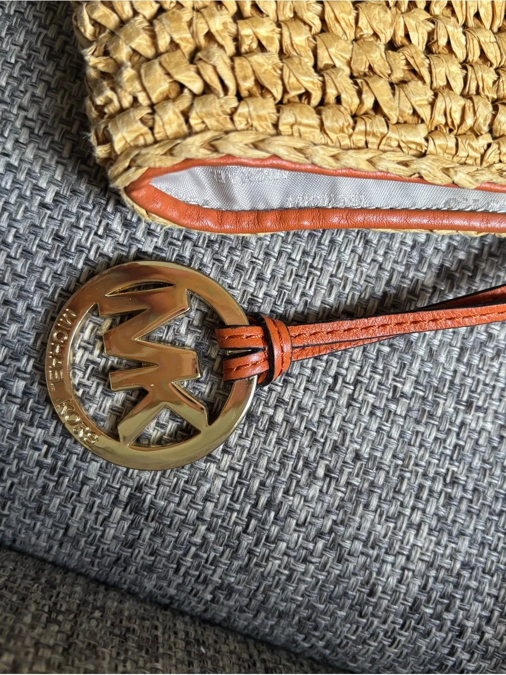 Michael Kors Straw Tote with Orange Leather Trim and Gold Studs